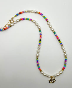 Beaded Pearl Necklace - Evil Eye