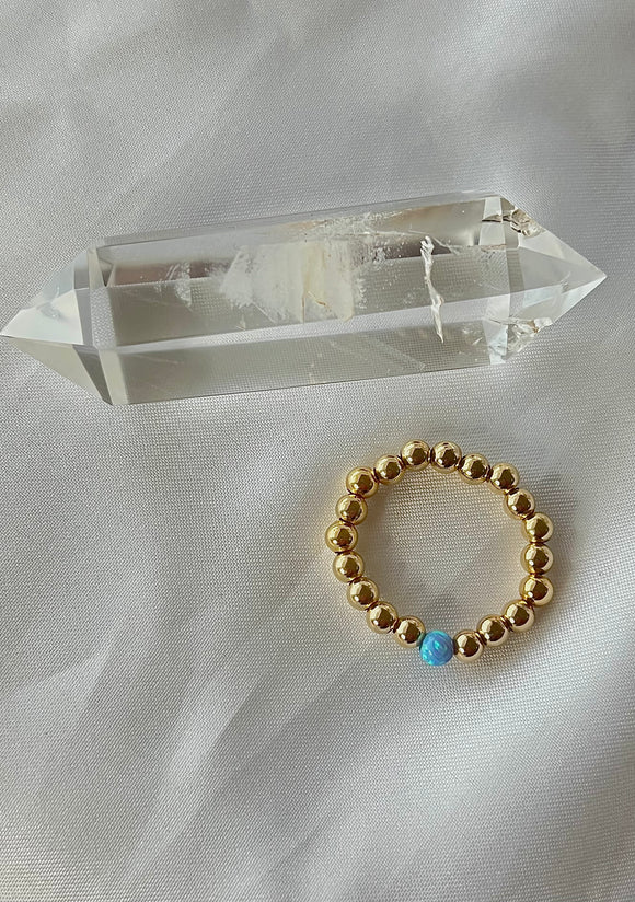 Gold Beaded Ring - Light Blue Opalite